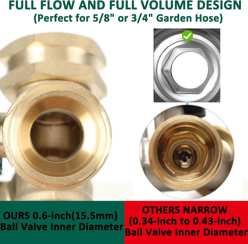 STYDDI Garden Hose Splitter Full Flow, Brass Heavy Duty Hose Splitter 2-Way High Flow, All Metal Hose Y Splitter with Shutoff, Outdoor Faucet Splitter Hose Connector, Water Hose Y Valve Tap Adapter - Image 3